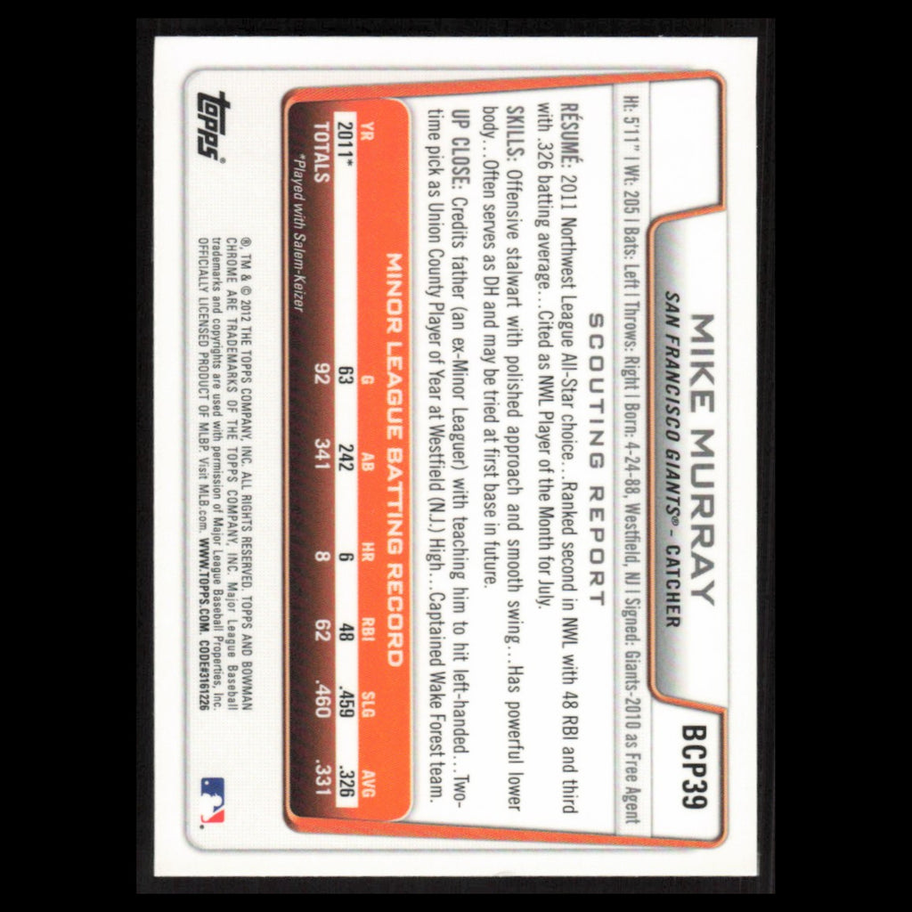 Mike Murray #BCP39 2012 Bowman Chrome Prospects San Francisco Giants Baseball NM