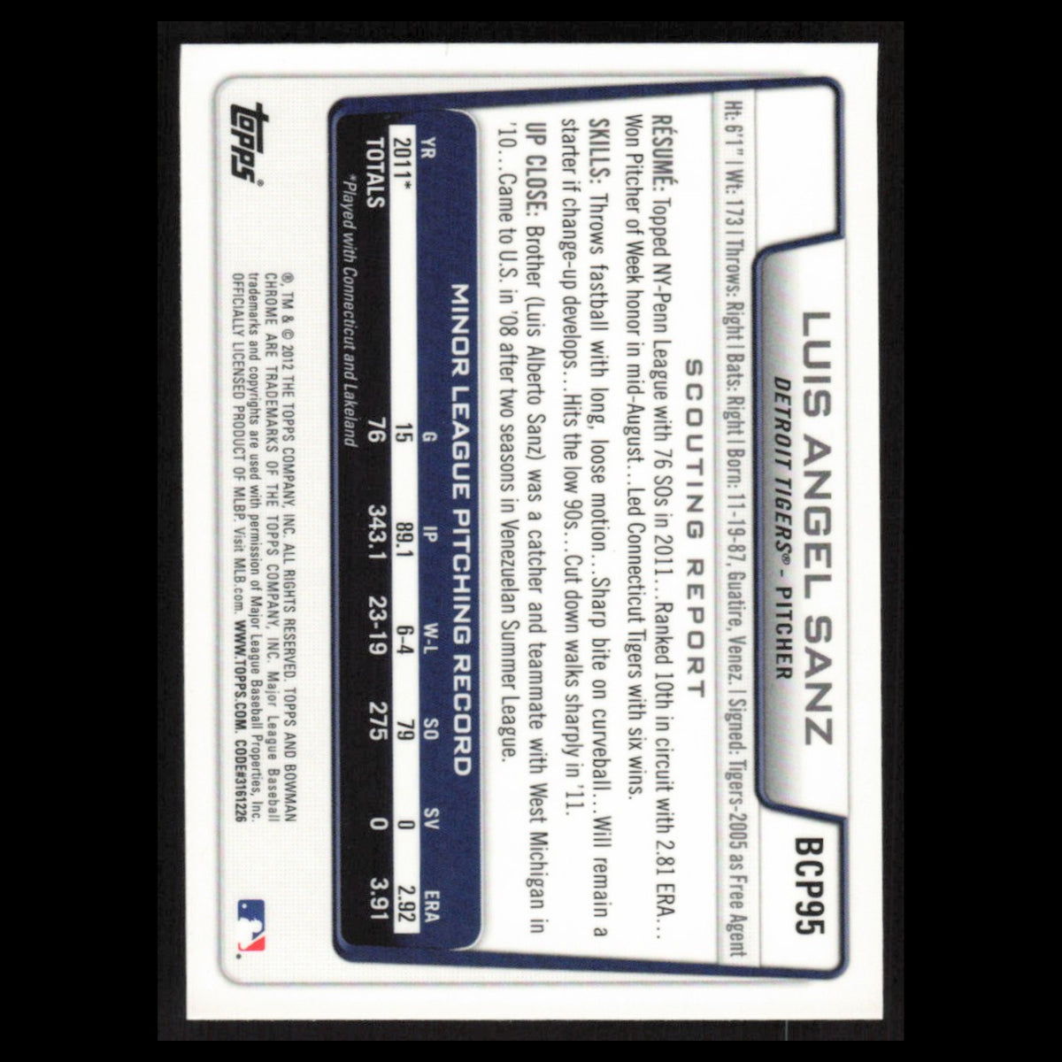 Luis Angel Sanz #BCP95 2012 Bowman Chrome Prospects Detroit Tigers Baseball Card
