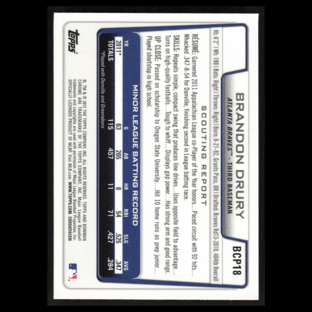 Brandon Drury #BCP18 2012 Bowman Chrome Prospects Atlanta Braves Baseball Card