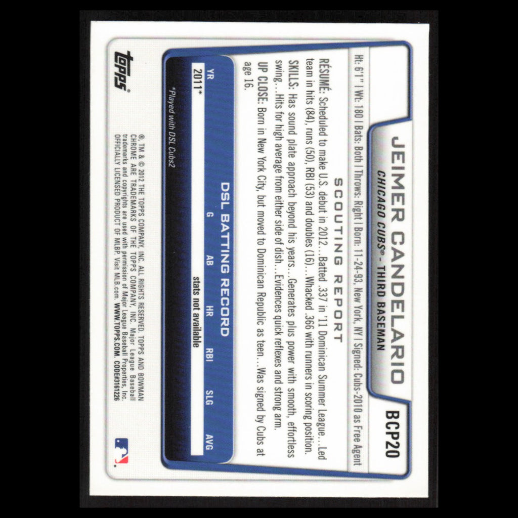 Jeimer Candelario #BCP20 2012 Bowman Chrome Prospects Chicago Cubs Baseball Card