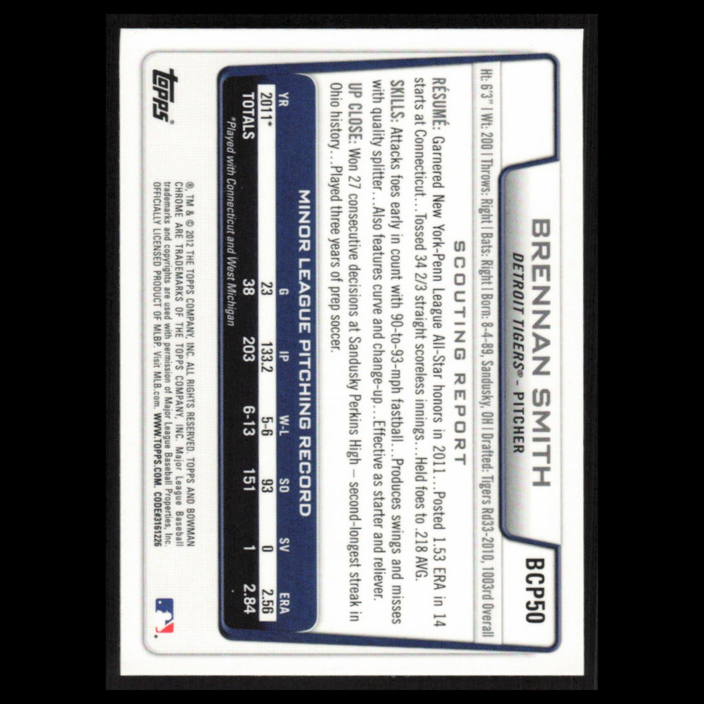 Brennan Smith #BCP50 2012 Bowman Chrome Prospects Detroit Tigers Baseball Card