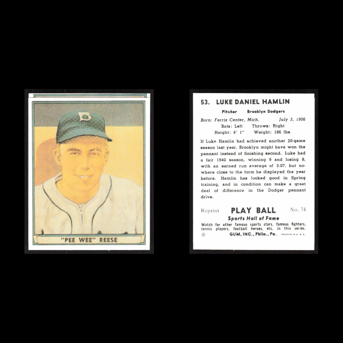 Pee Wee Reese #53 1977 1941 Play Ball Reprints Brooklyn Dodgers Baseball Card NM