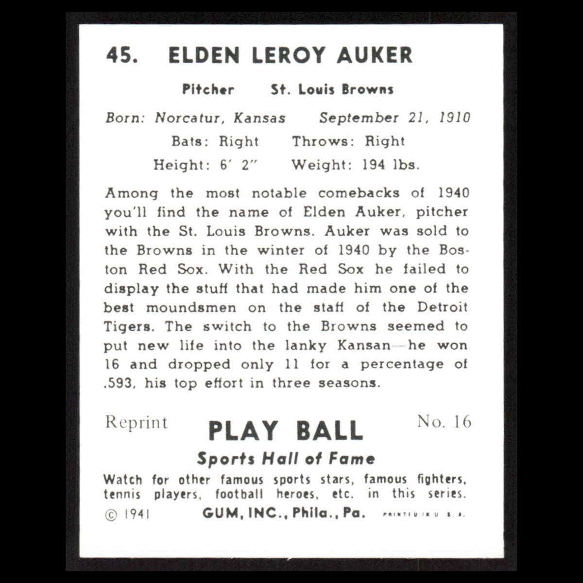 Elden Auker #45 1977 1941 Play Ball Reprints St. Louis Browns Baseball Card MLB