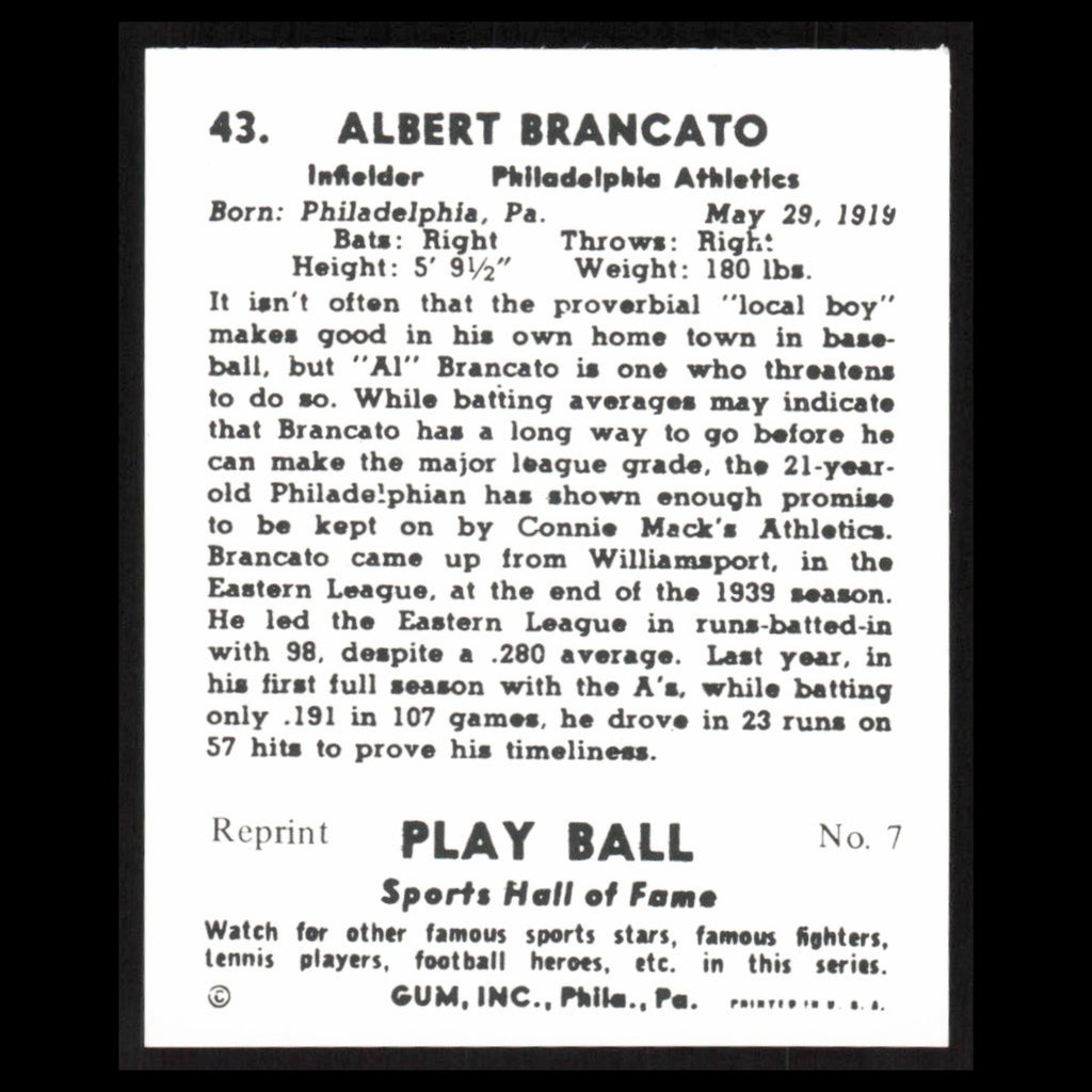 Albert Bronk Brancato #43 1977 1941 Play Ball Reprints Philadelphia Athletics NM