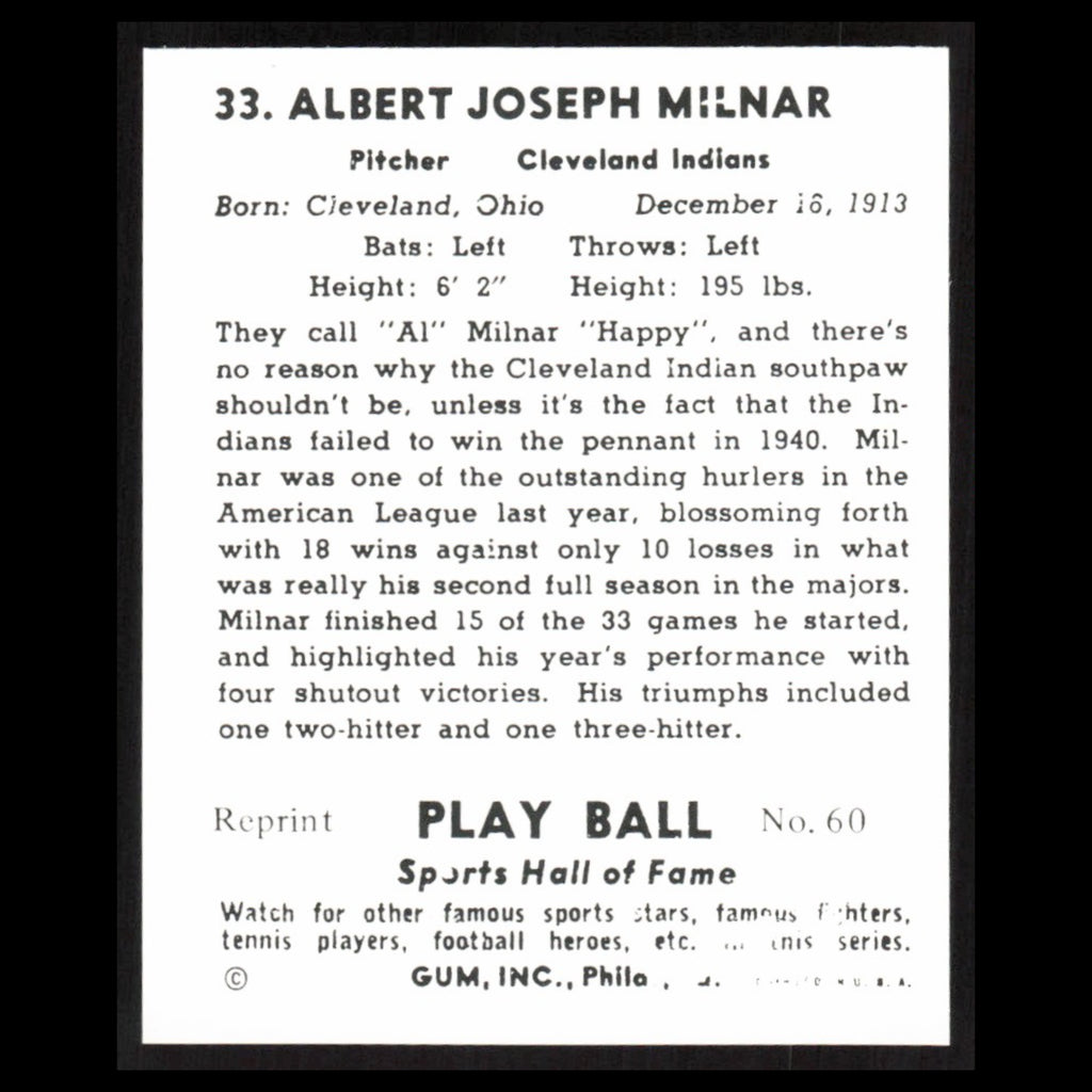 Al Milnar #33 1977 1941 Play Ball Reprints Cleveland Indians Baseball Card MLB