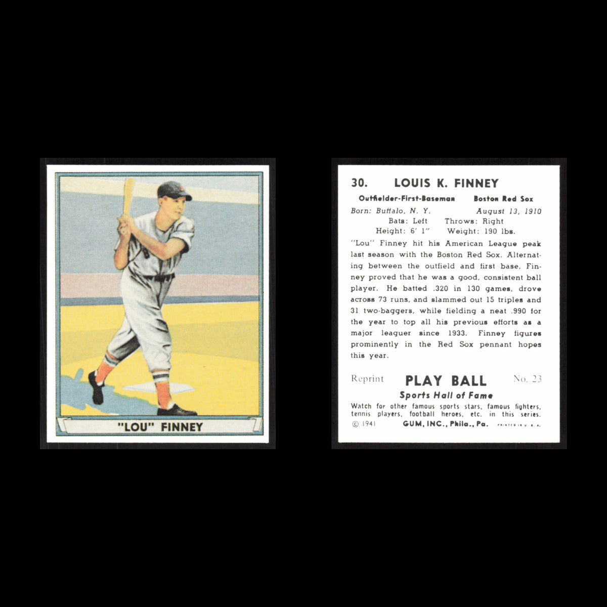 Lou Finney #30 1977 1941 Play Ball Reprints Boston Red Sox Baseball Card MLB NM