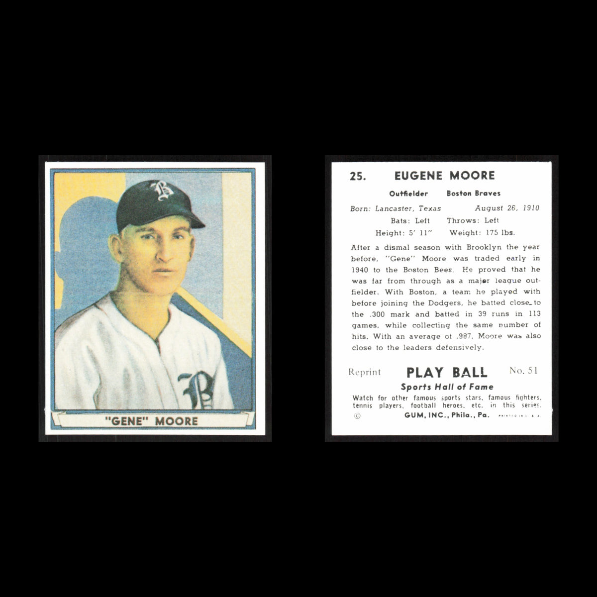 Gene Moore #25 1977 1941 Play Ball Reprints Boston Braves Baseball Card MLB NM