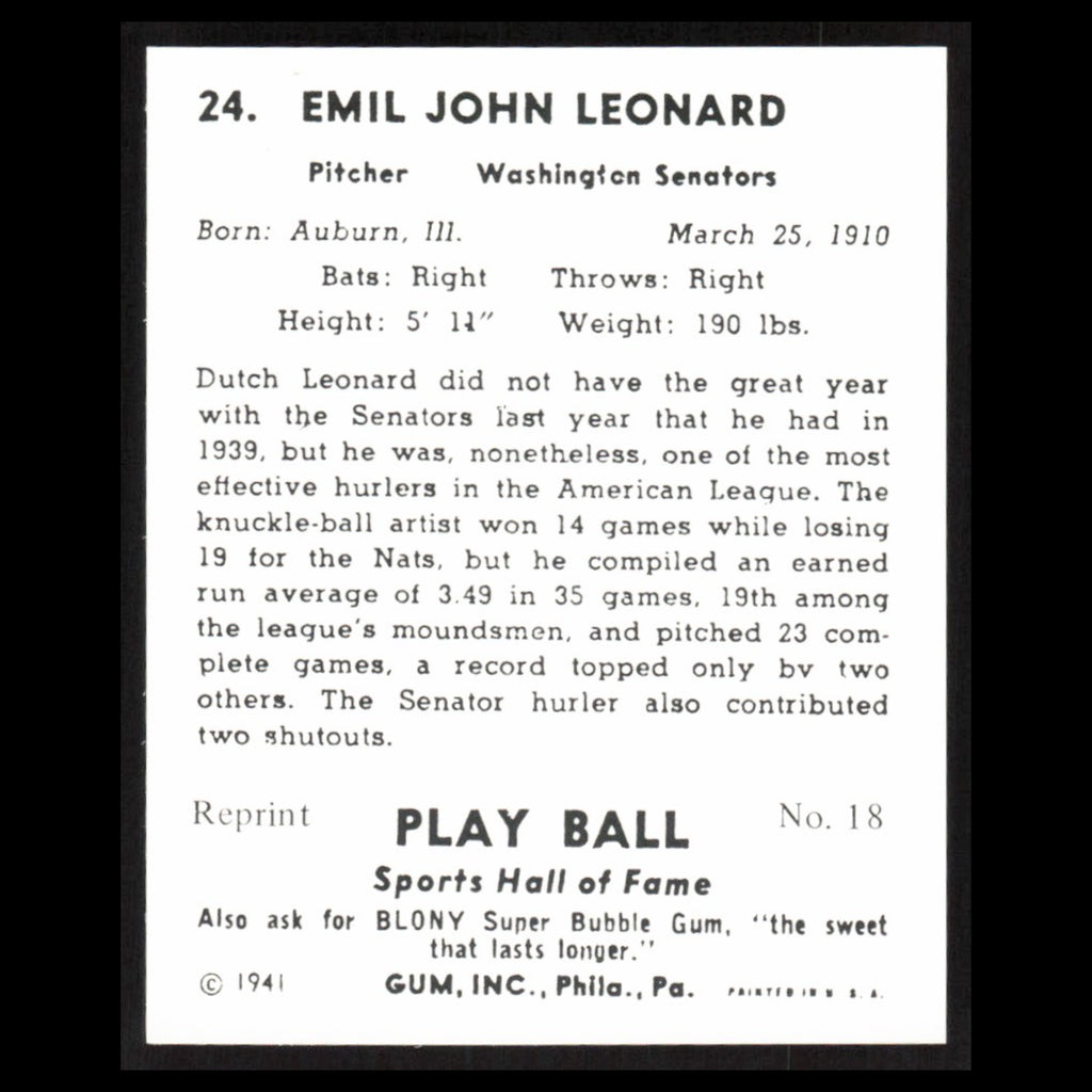 Dutch Leonard #24 1977 1941 Play Ball Reprints Washington Senators Baseball Card