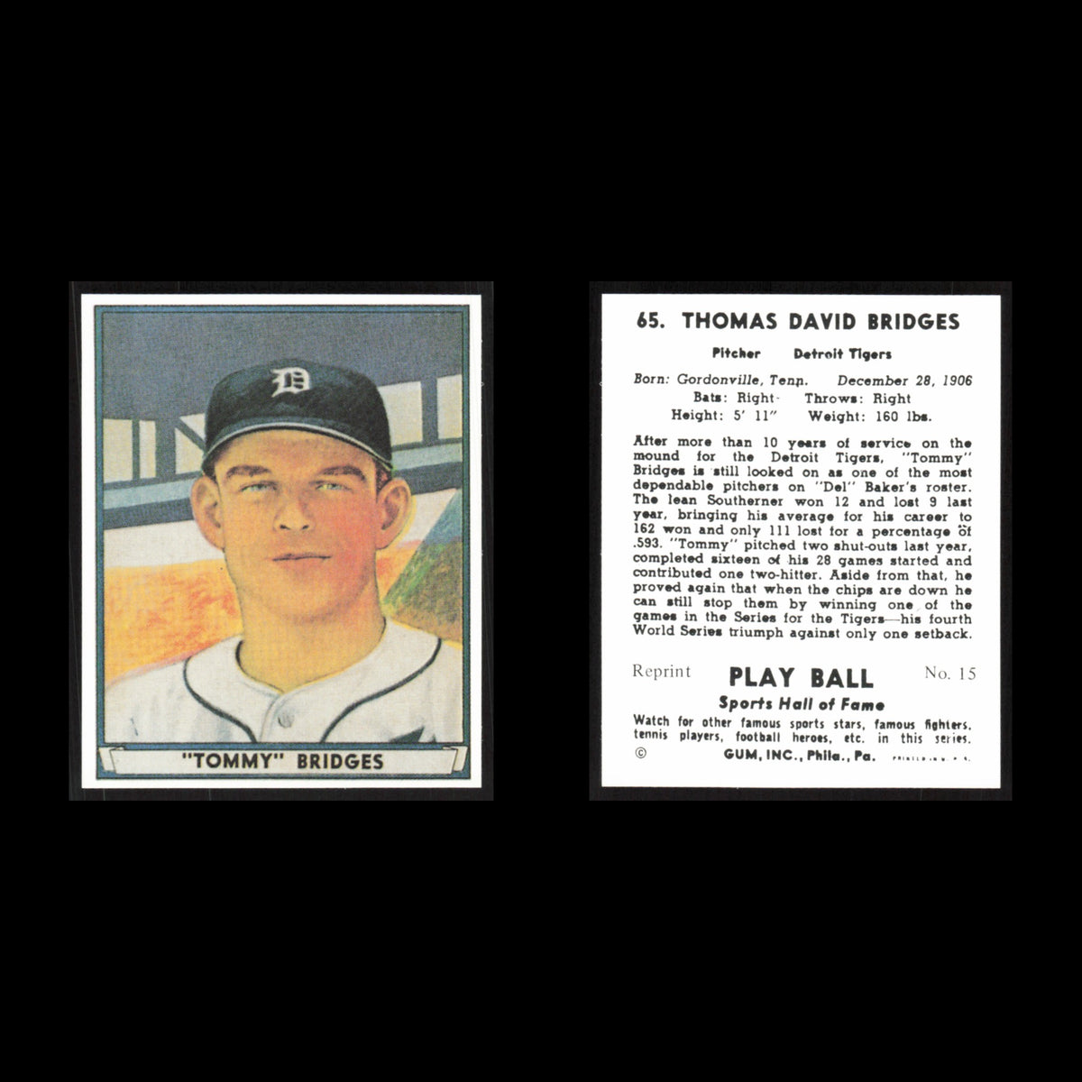 Tommy Bridges #65 1977 1941 Play Ball Reprints Detroit Tigers Baseball Card MLB