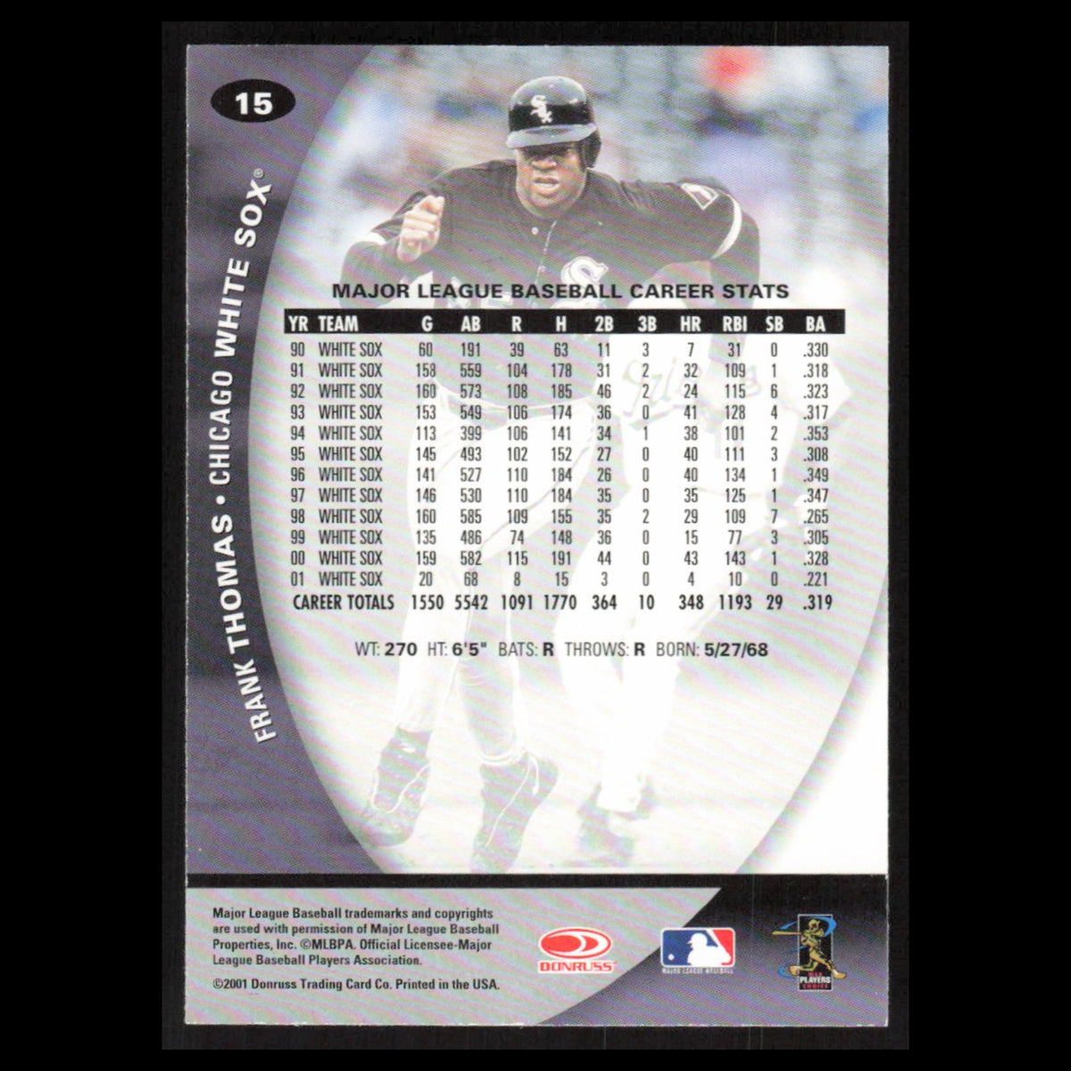 Frank Thomas #15 2001 Donruss Class of 2001 Chicago White Sox Baseball Card MLB