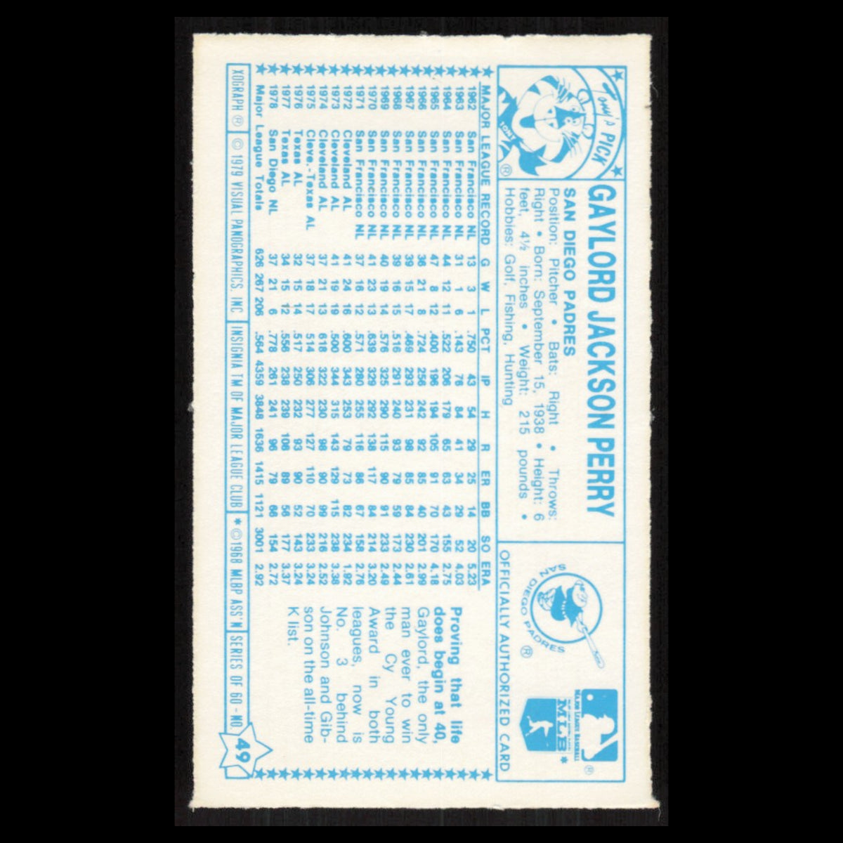 Gaylord Perry #49 1979 Kelloggs San Diego Padres Baseball Card MLB NM