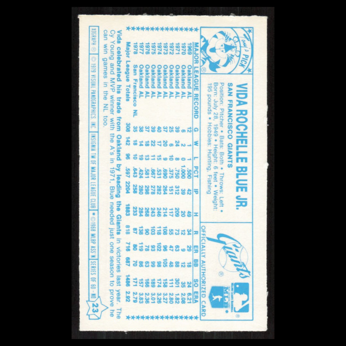 Vida Blue #23 1979 Kelloggs San Francisco Giants Baseball Card MLB NM