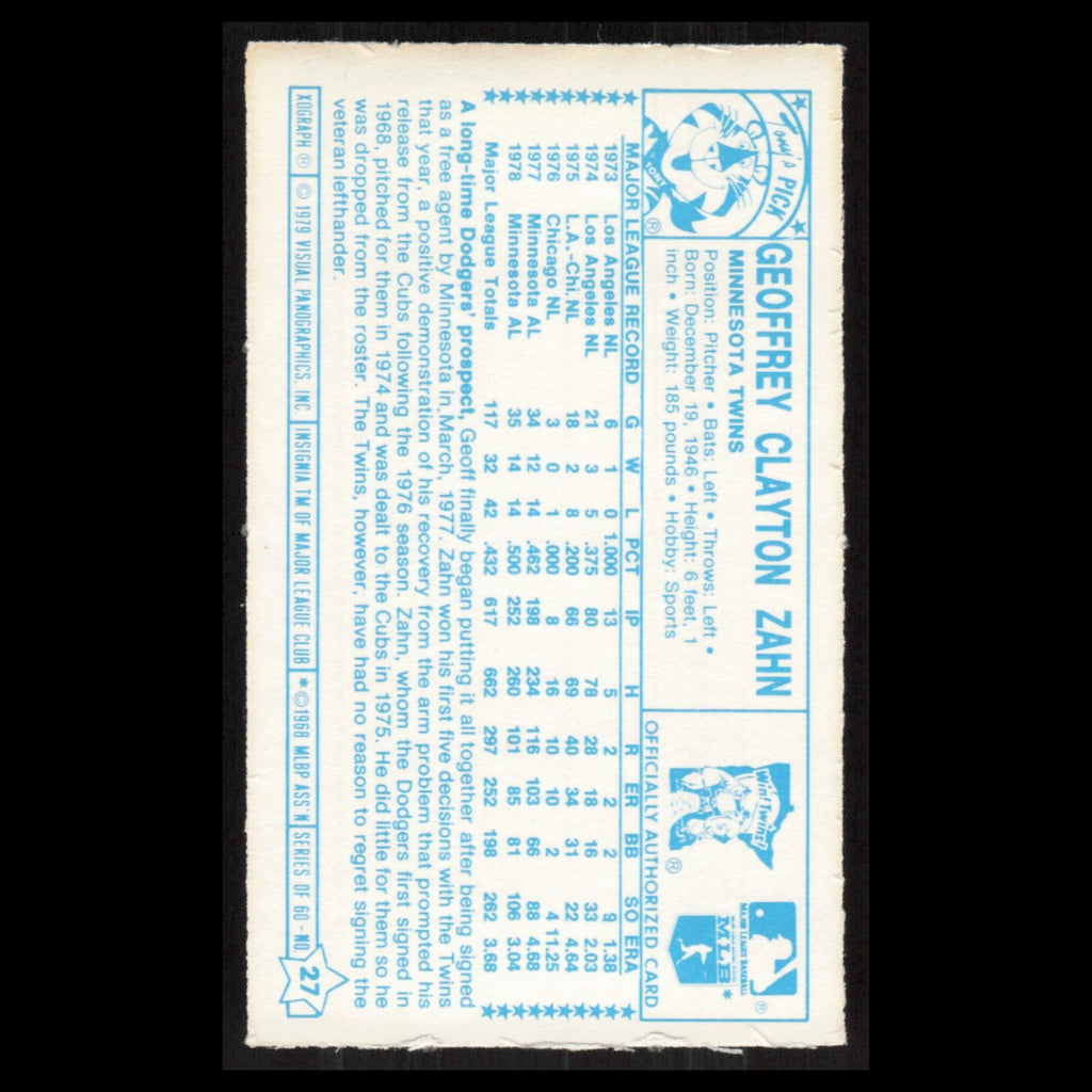 Geoff Zahn #27 1979 Kelloggs Minnesota Twins Baseball Card MLB NM