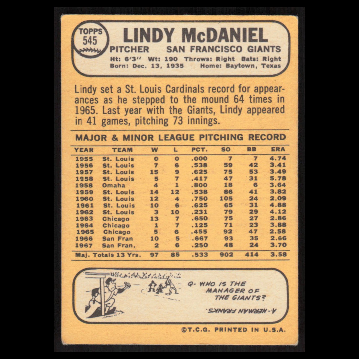Lindy McDaniel #545 1968 Topps San Francisco Giants Baseball Card MLB NM
