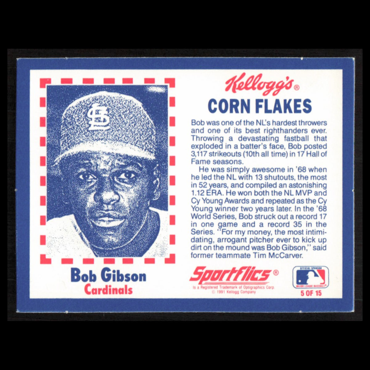 Bob Gibson #5 1992 Kelloggs Corn Flakes Baseball Greats St. Louis Cardinals Card