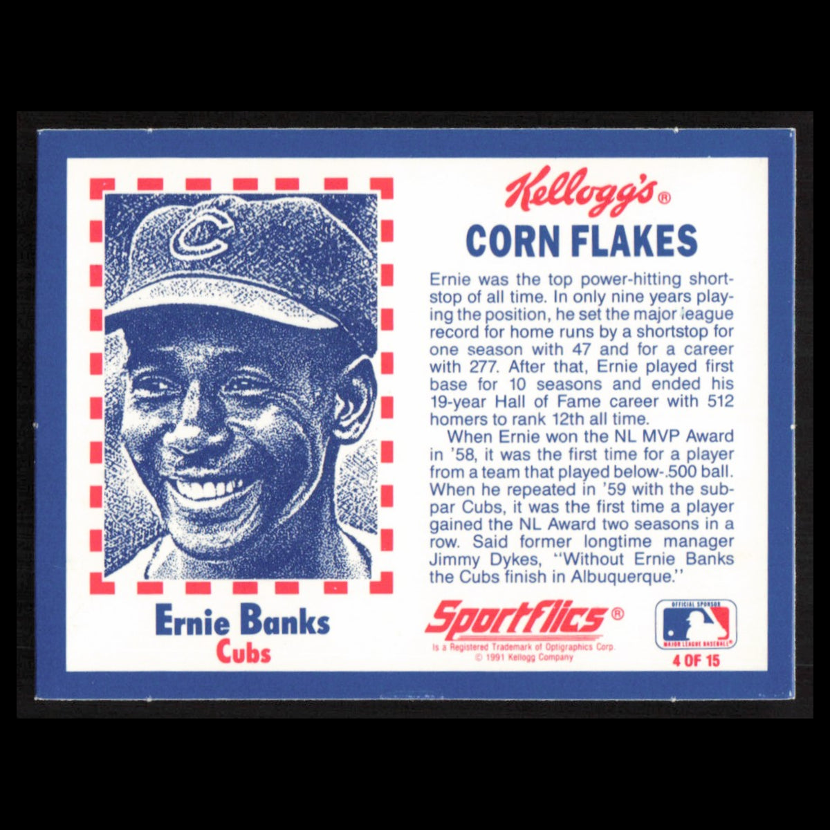 Ernie Banks #4 1992 Kelloggs Corn Flakes Baseball Greats Chicago Cubs Baseball