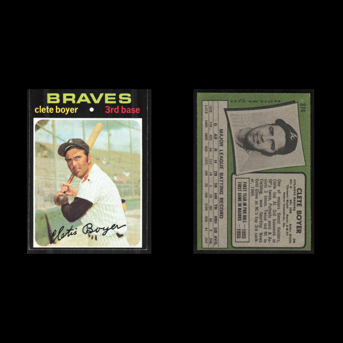 Clete Boyer #374 1971 Topps Atlanta Braves Baseball Card MLB NM