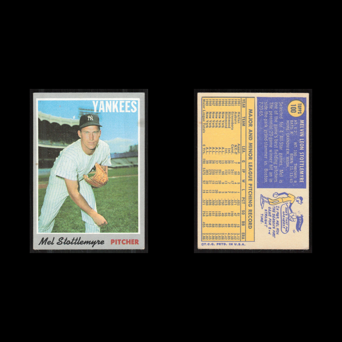 Mel Stottlemyre #100 1970 Topps New York Yankees Baseball Card MLB NM