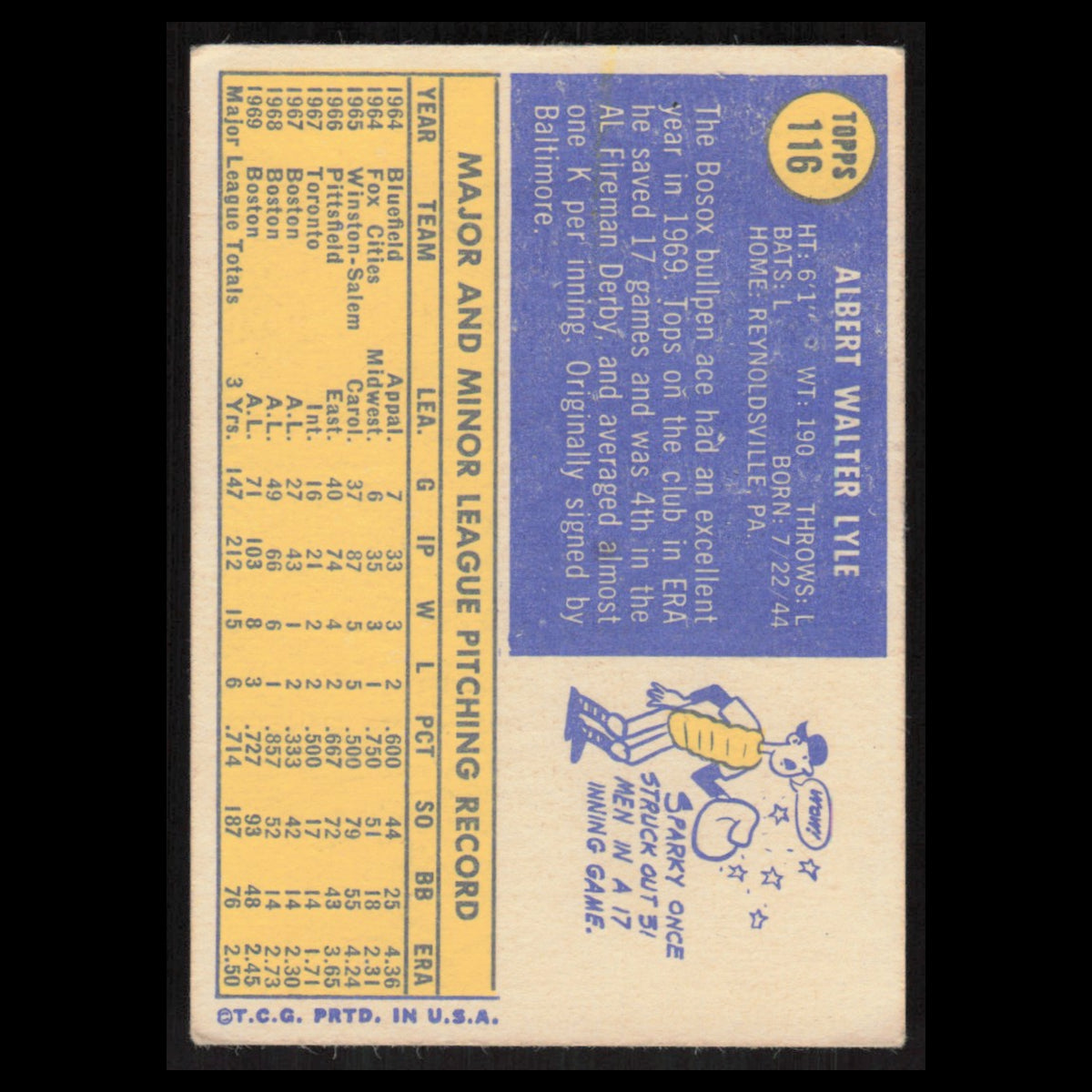 Sparky Lyle #116 1970 Topps Boston Red Sox Baseball Card MLB NM