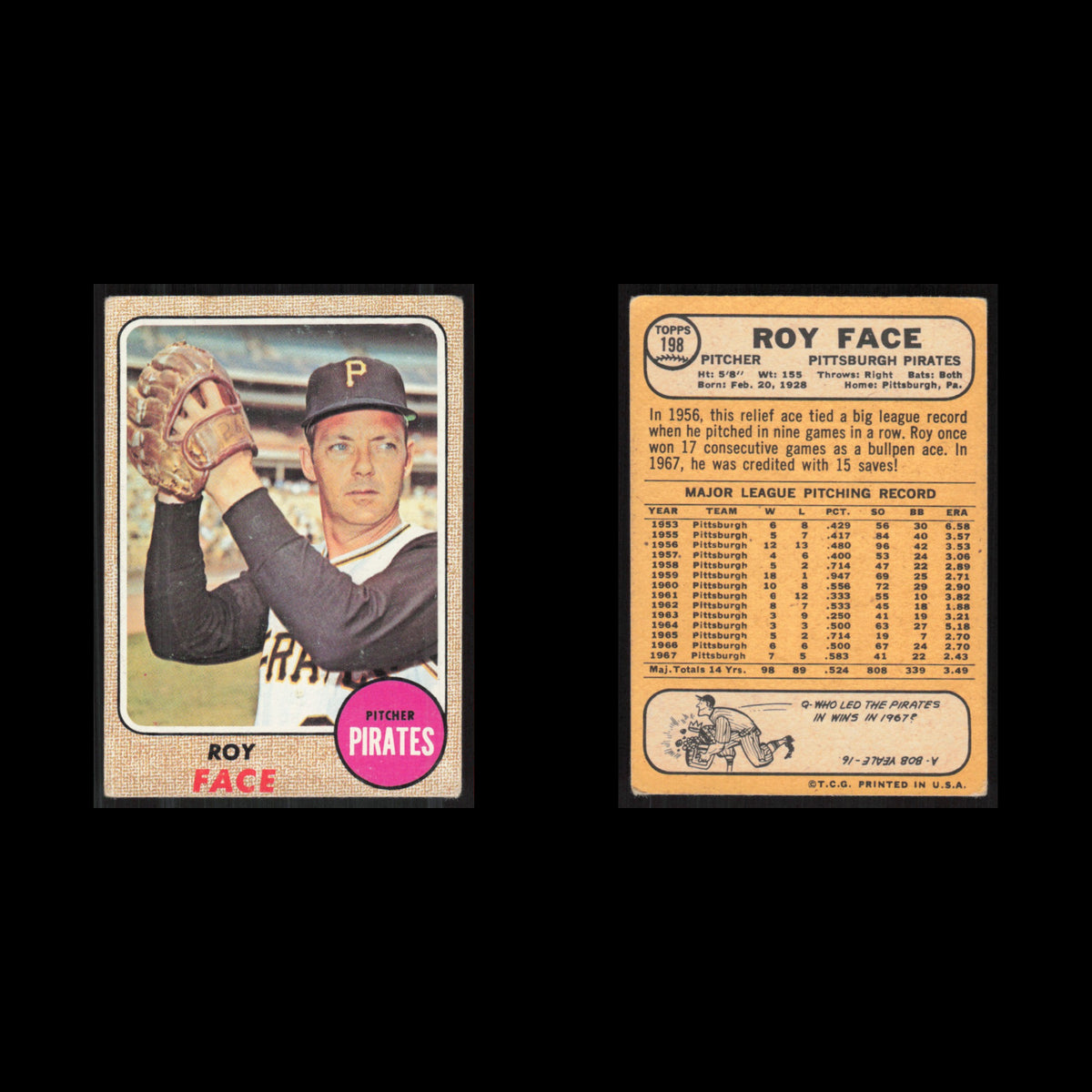 Roy Face #198 1968 Topps Pittsburgh Pirates Baseball Card MLB NM