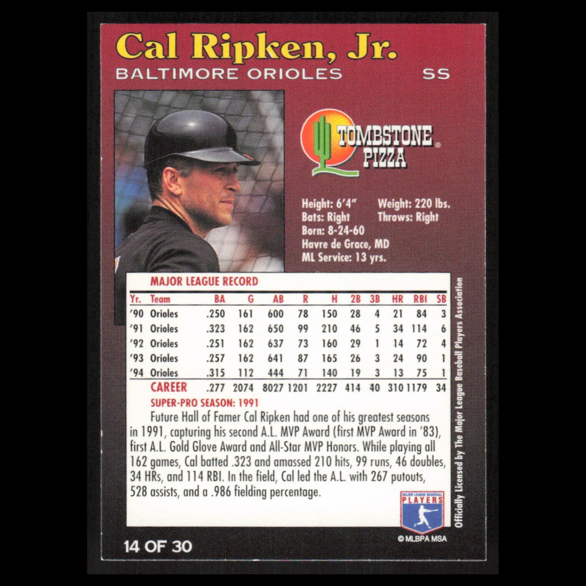 Cal Ripken Jr #14 1995 Tombstone Pizza Super-Pro Series Baltimore Orioles Card