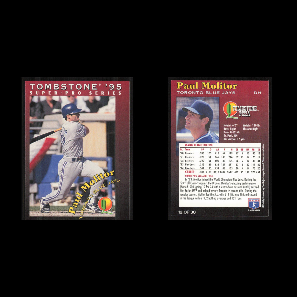 Paul Molitor #12 1995 Tombstone Pizza Super-Pro Series Milwaukee Brewers Card NM