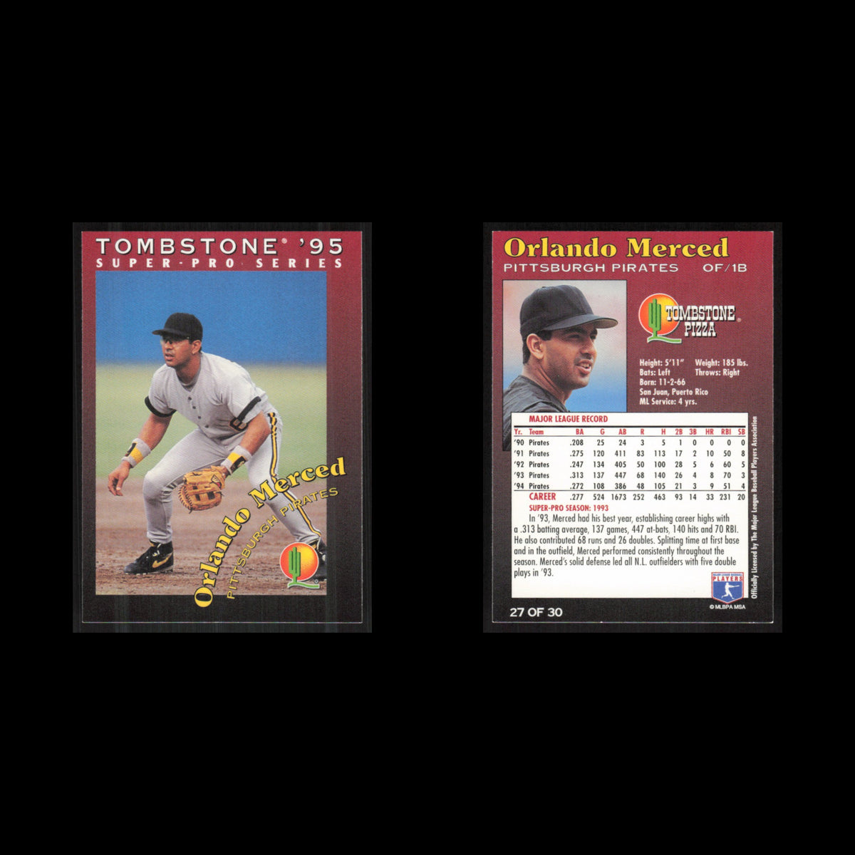 Orlando Merced #27 1995 Tombstone Pizza Super-Pro Series Pittsburgh Pirates Card