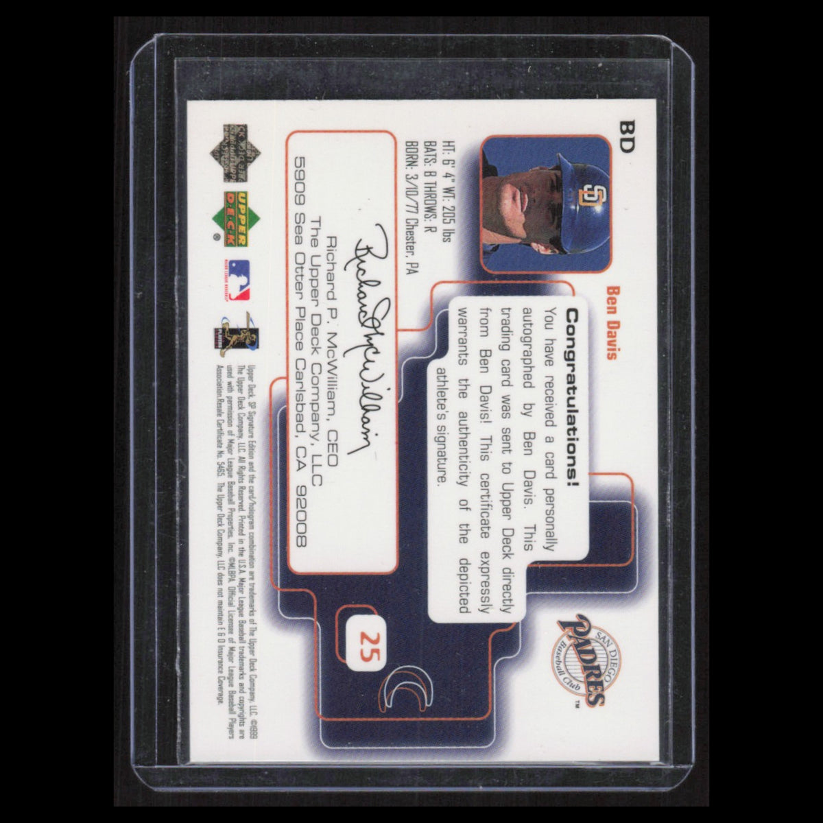 Ben Davis Auto #BD Autograph 1999 SP Signature Edition Autographs Padres Card NM