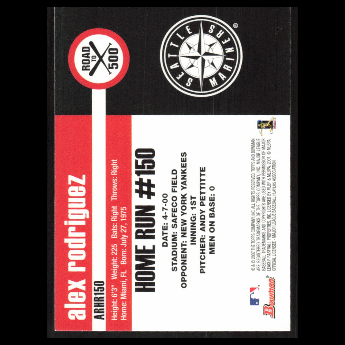 Alex Rodriguez #ARHR150 2007 Topps Alex Rodriguez Road to 500 Seattle Mariners
