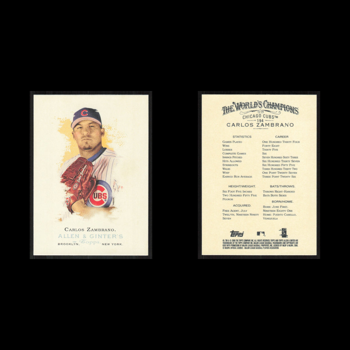 Carlos Zambrano #194 2006 Topps Allen - Ginter Chicago Cubs Baseball Card MLB NM