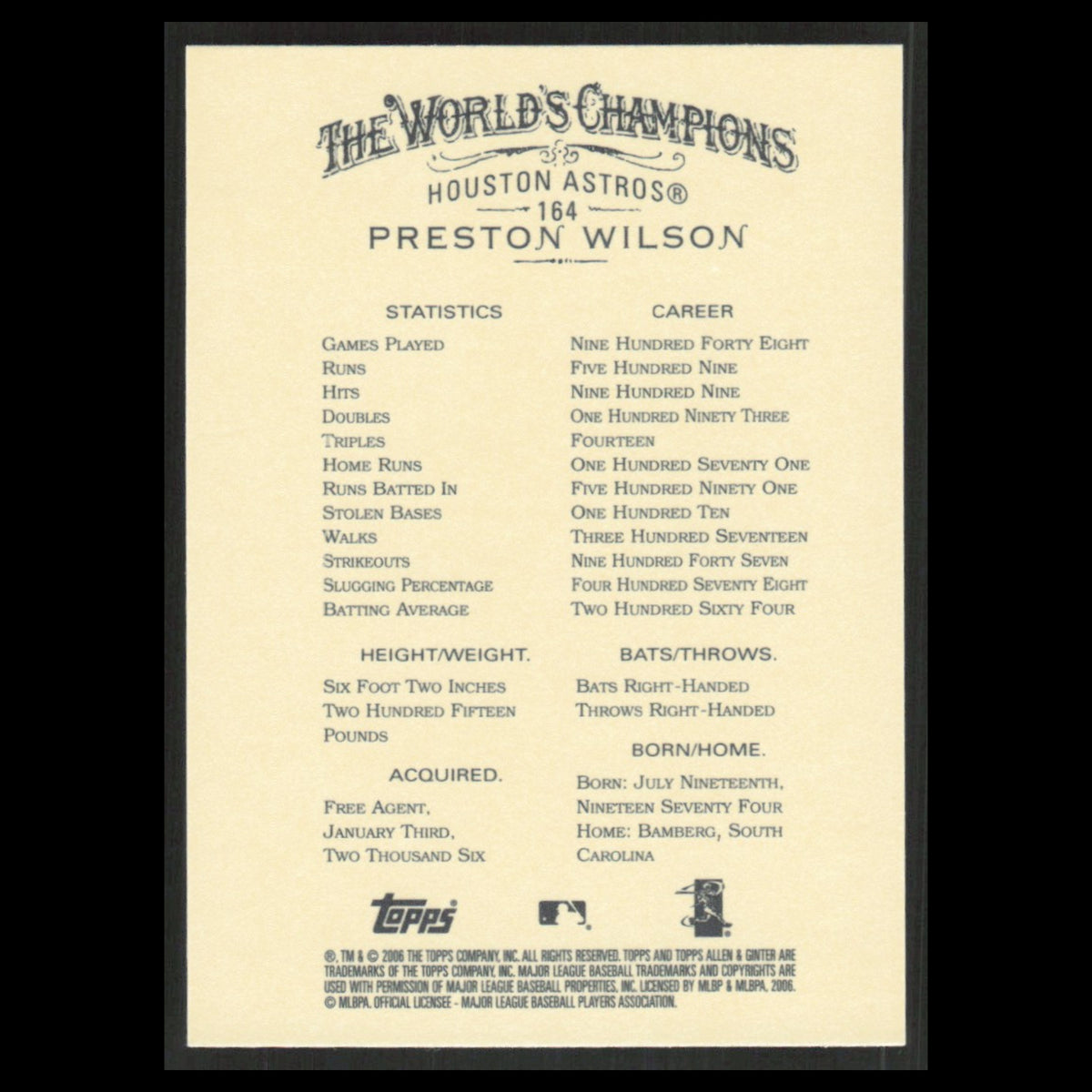 Preston Wilson #164 2006 Topps Allen - Ginter Houston Astros Baseball Card MLB