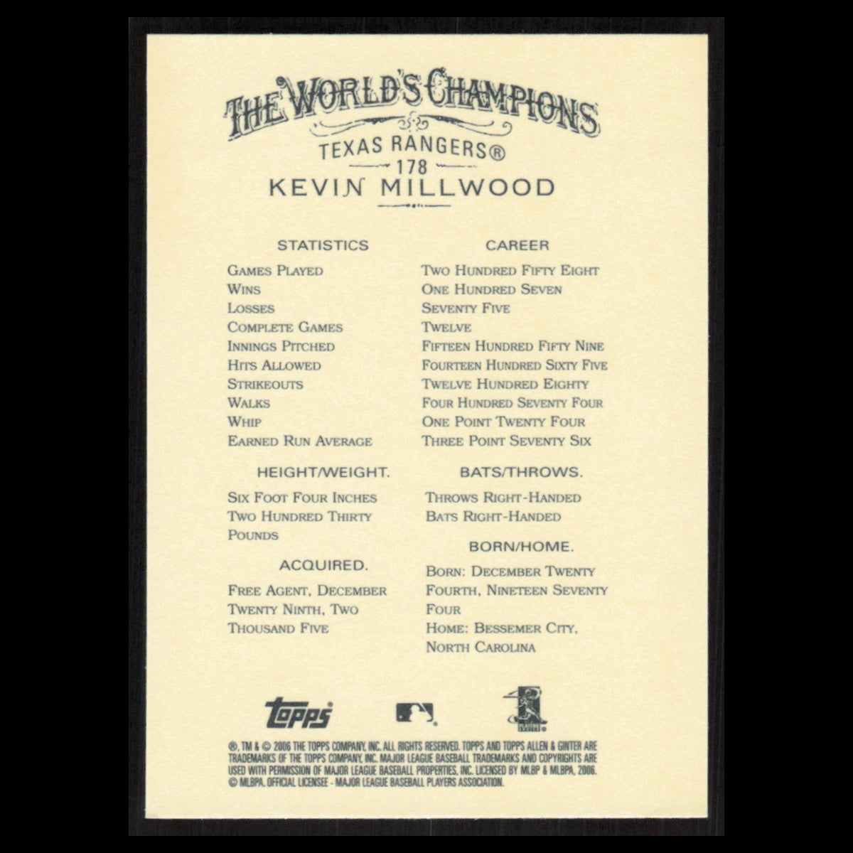 Kevin Millwood #178 2006 Topps Allen - Ginter Texas Rangers Baseball Card MLB NM