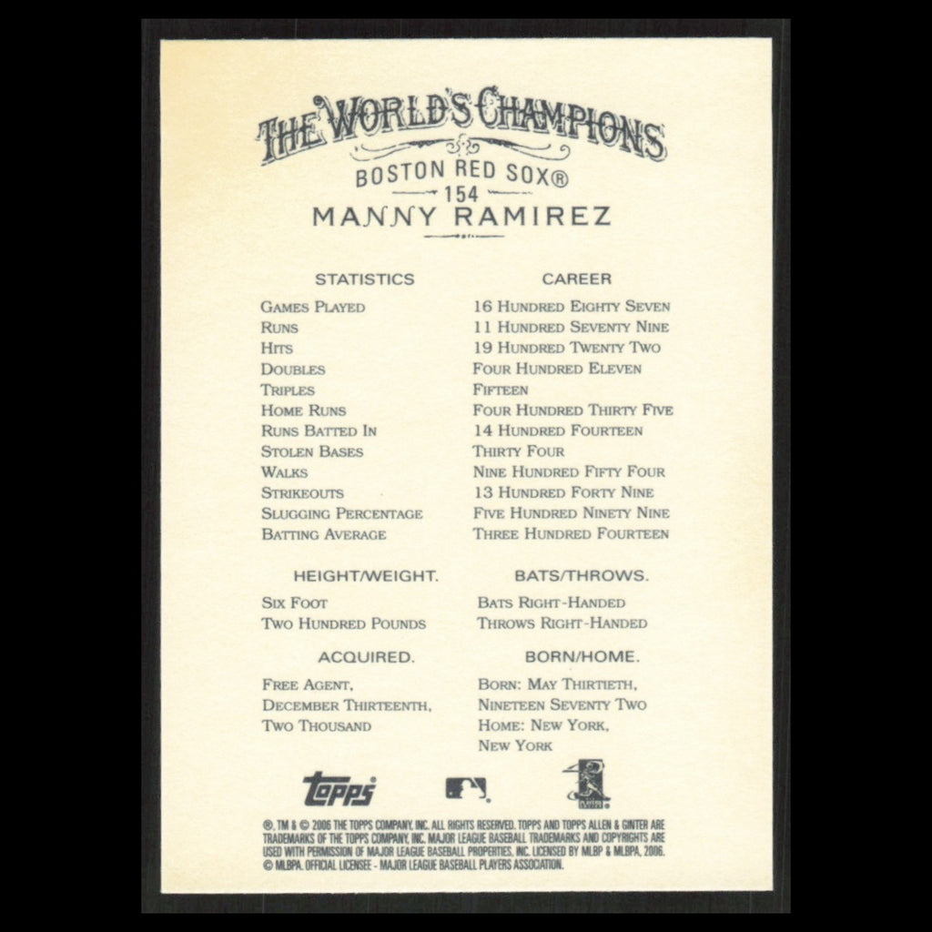 Manny Ramirez #154 2006 Topps Allen - Ginter Boston Red Sox Baseball Card MLB NM