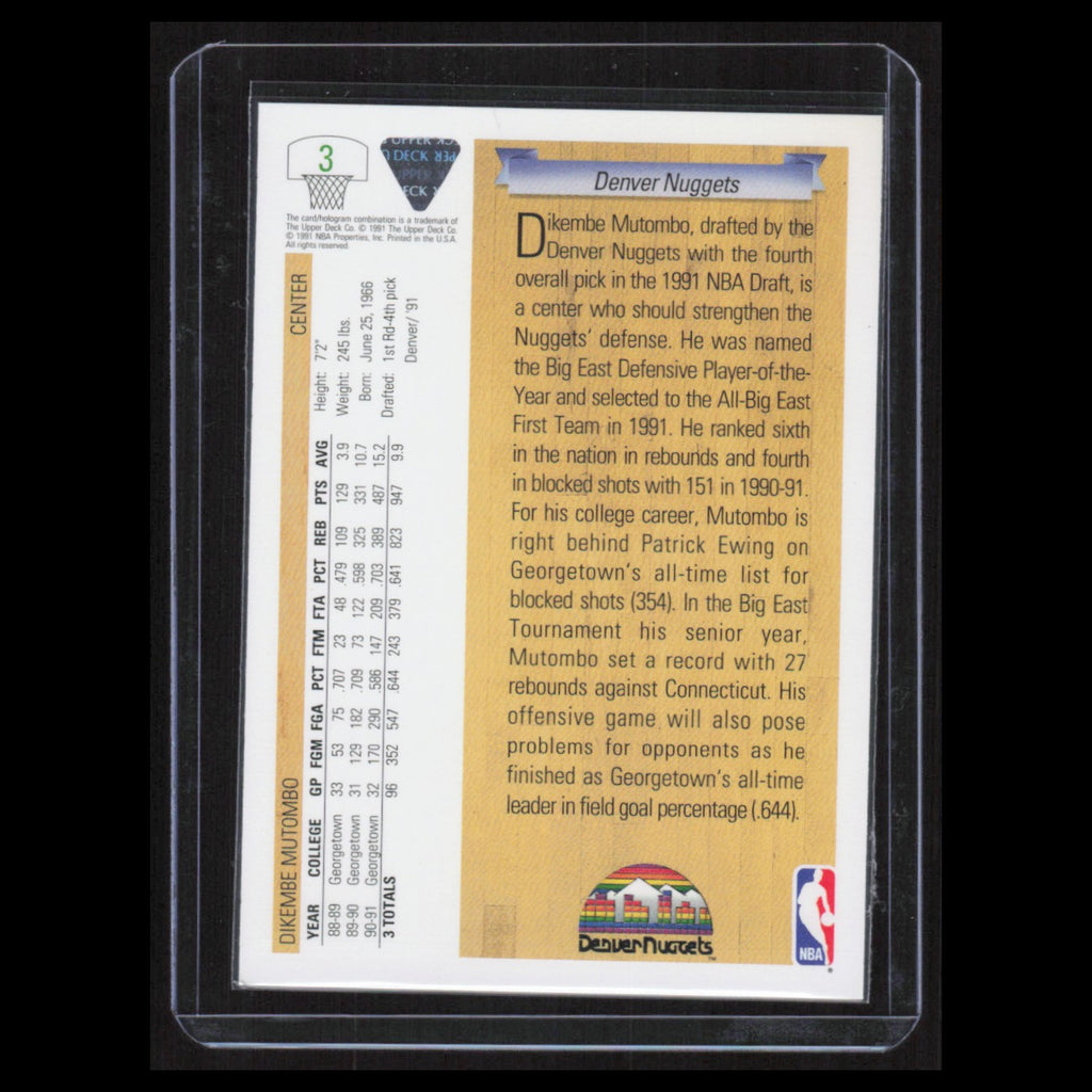 Dikembe Mutombo Rookie #3 1991 Upper Deck Denver Nuggets Basketball Card NBA NM