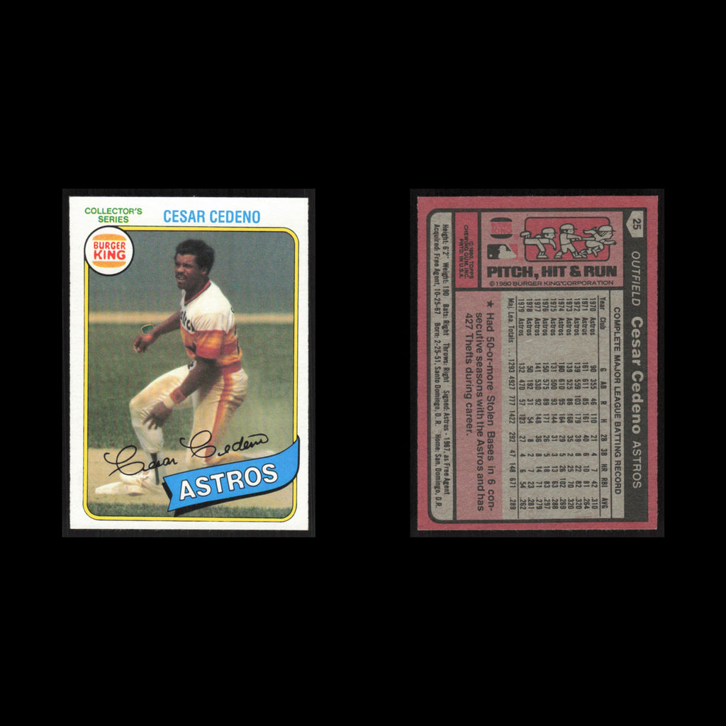 Cesar Cedeno #25 1980 Burger King Pitch, Hit - Run Houston Astros Baseball Card