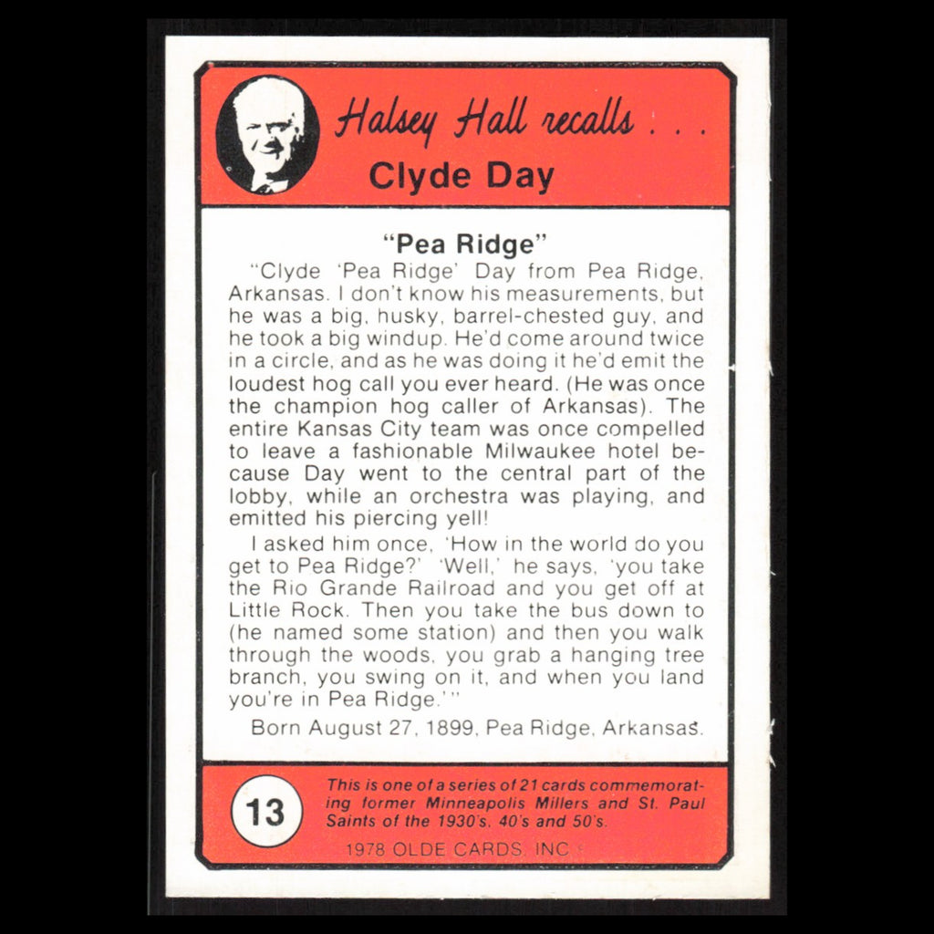 Clyde Day #13 1978 Olde Cards Halsey Hall Recalls Minneapolis Millers Baseball