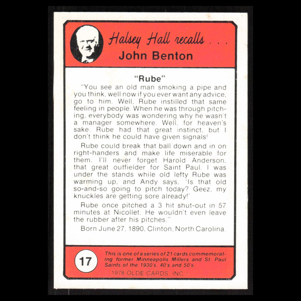 Rube Benton #17 1978 Olde Cards Halsey Hall Recalls Minneapolis Millers Baseball