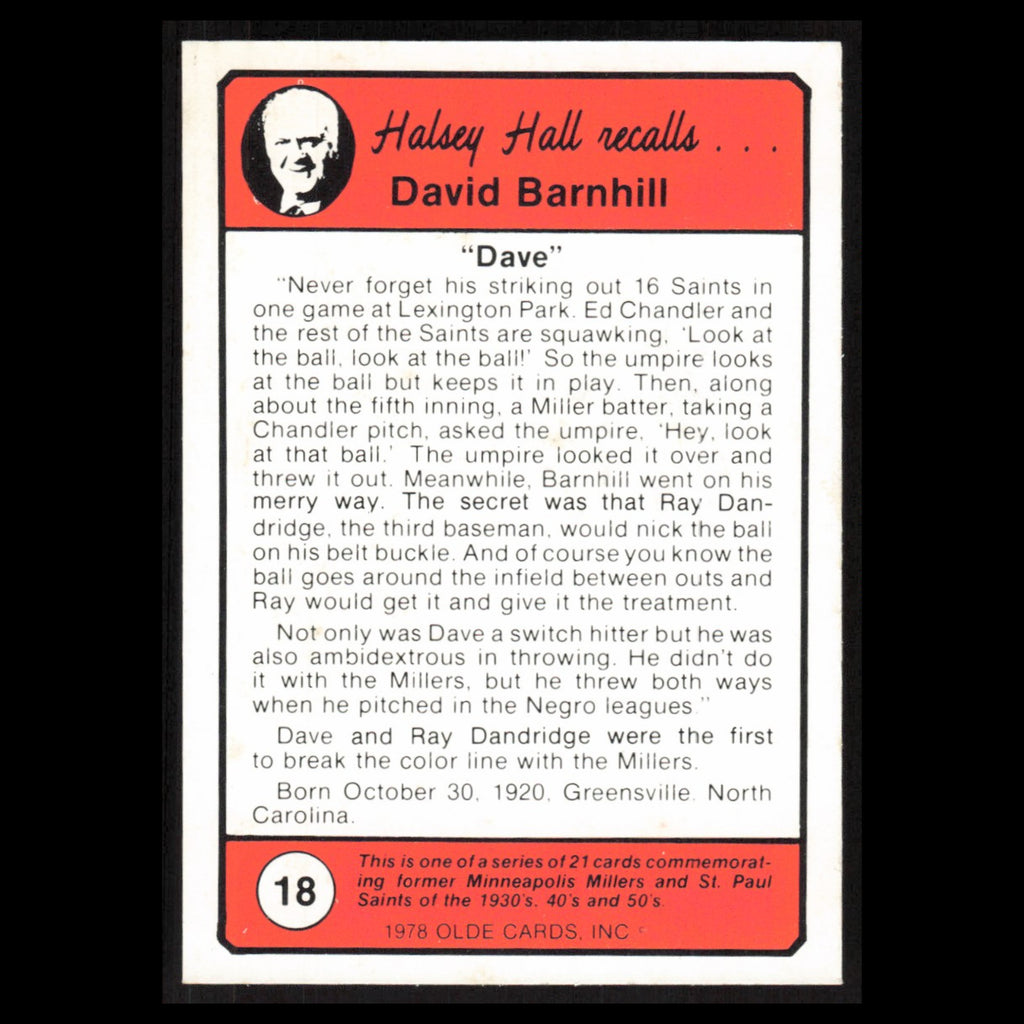 Dave Barnhill #18 1978 Olde Cards Halsey Hall Recalls Minneapolis Millers Card