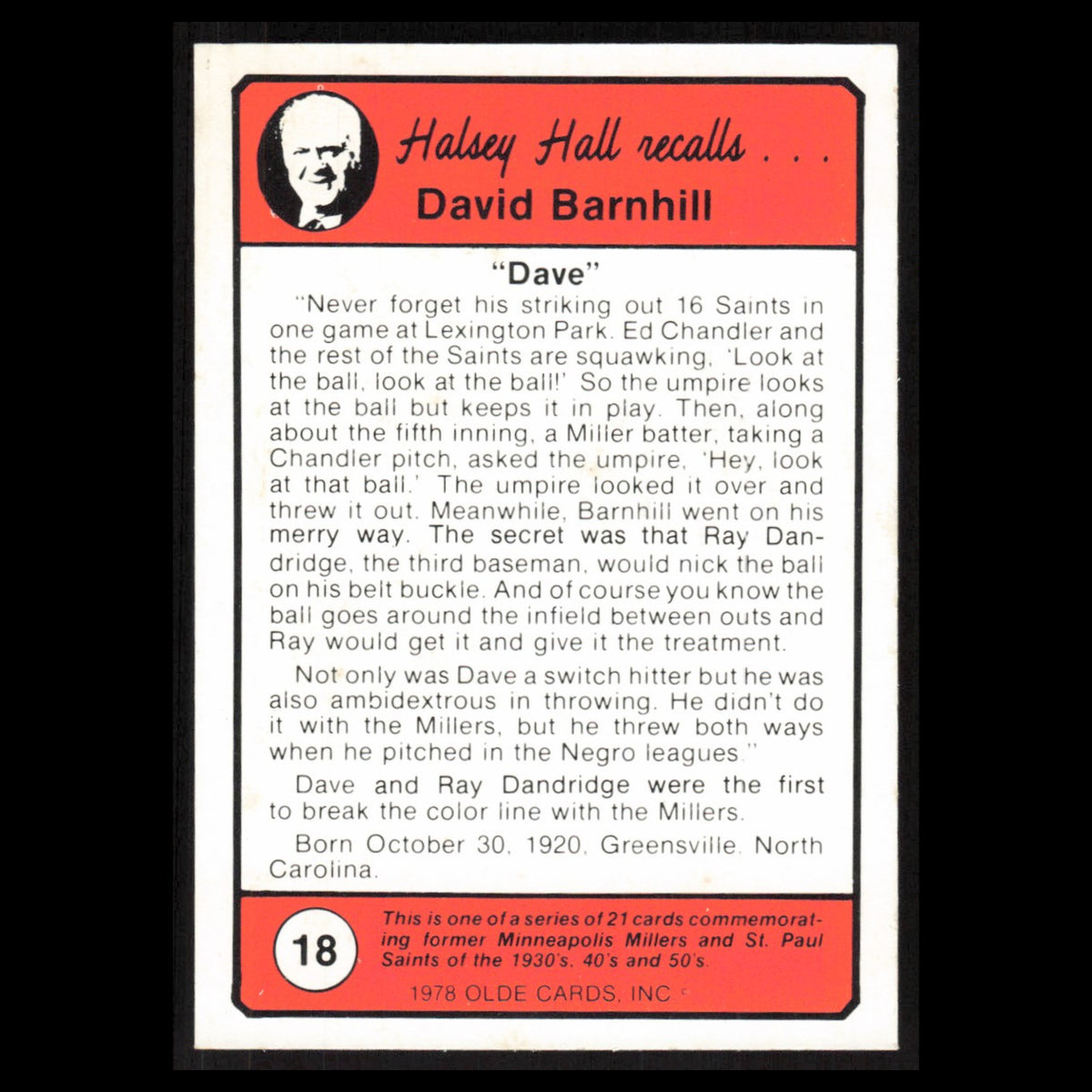 Dave Barnhill #18 1978 Olde Cards Halsey Hall Recalls Minneapolis Millers Card