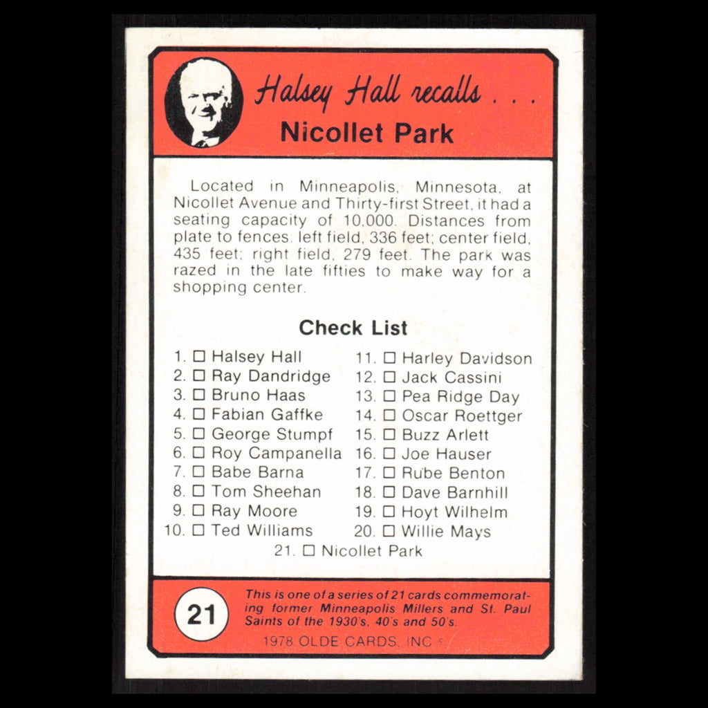 Nicollet Park #21 1978 Olde Cards Halsey Hall Recalls Baseball Card MLB NM