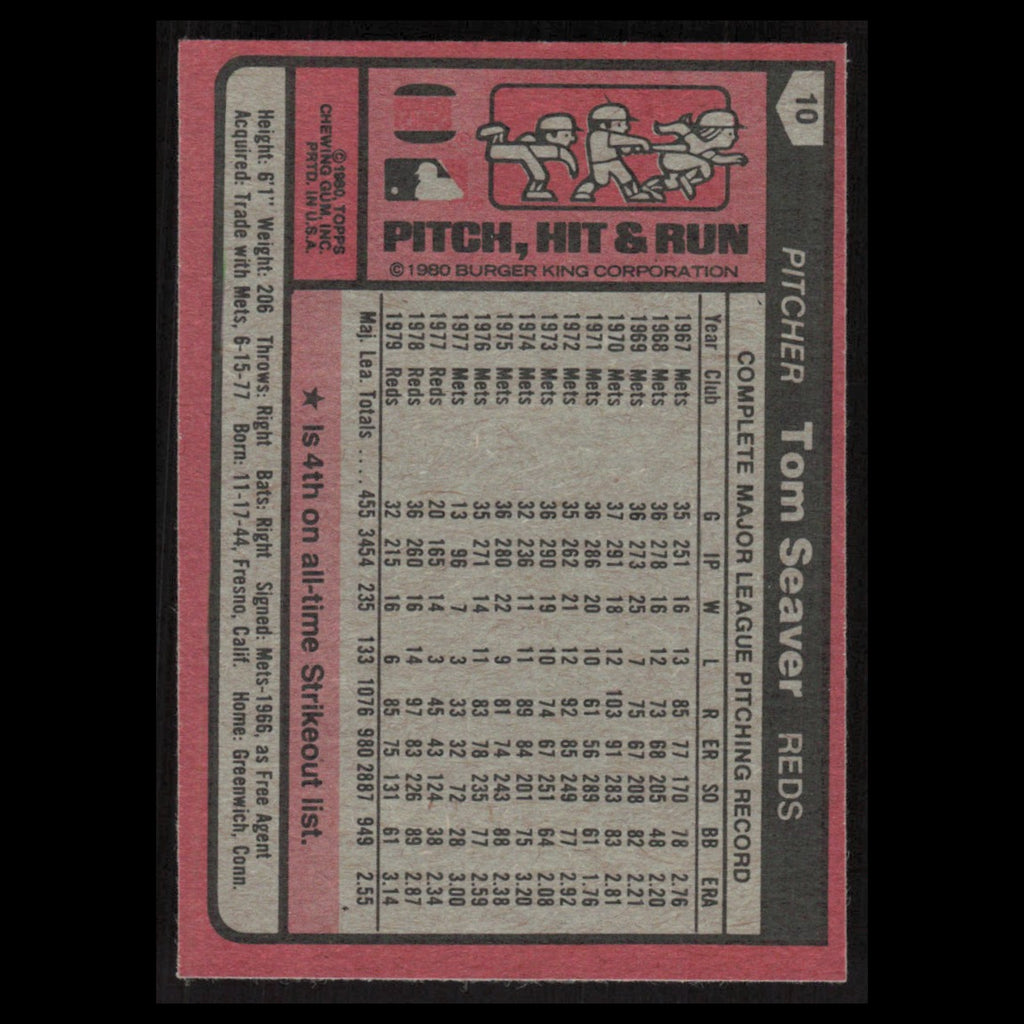 Tom Seaver #10 1980 Burger King Pitch, Hit - Run Cincinnati Reds Baseball Card