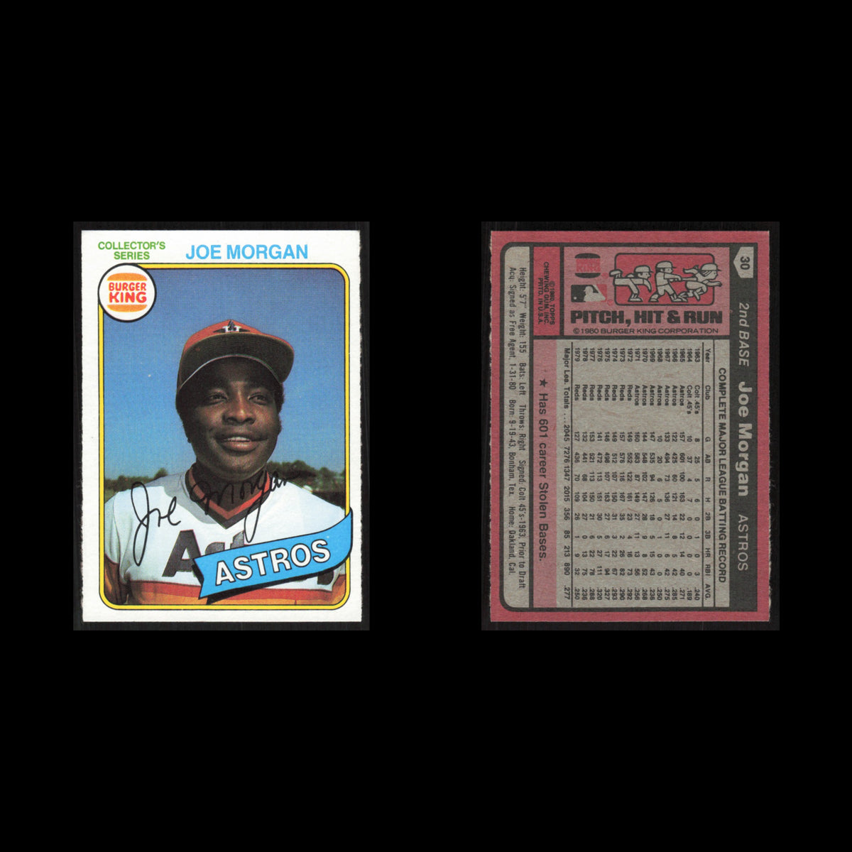 Joe Morgan #30 1980 Burger King Pitch, Hit - Run Houston Astros Baseball Card NM