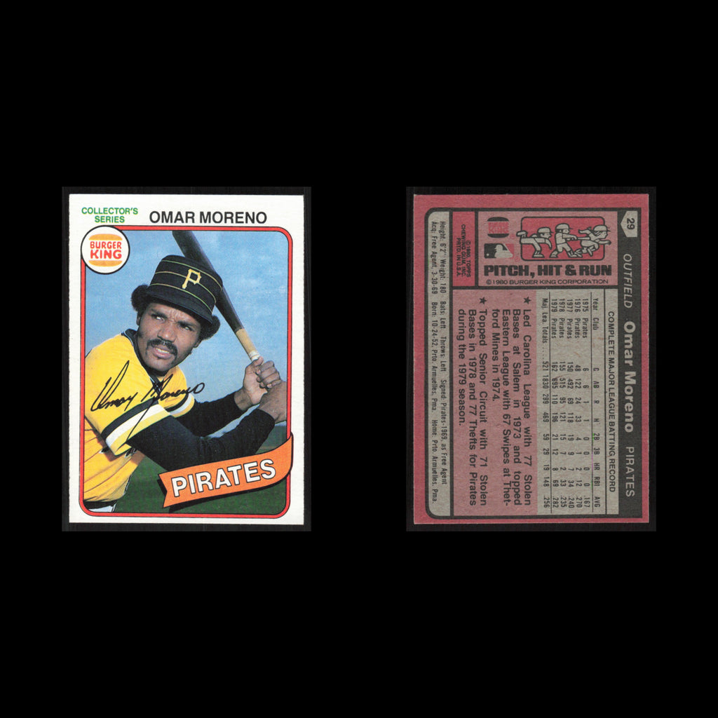 Omar Moreno #29 1980 Burger King Pitch, Hit - Run Pittsburgh Pirates Baseball NM