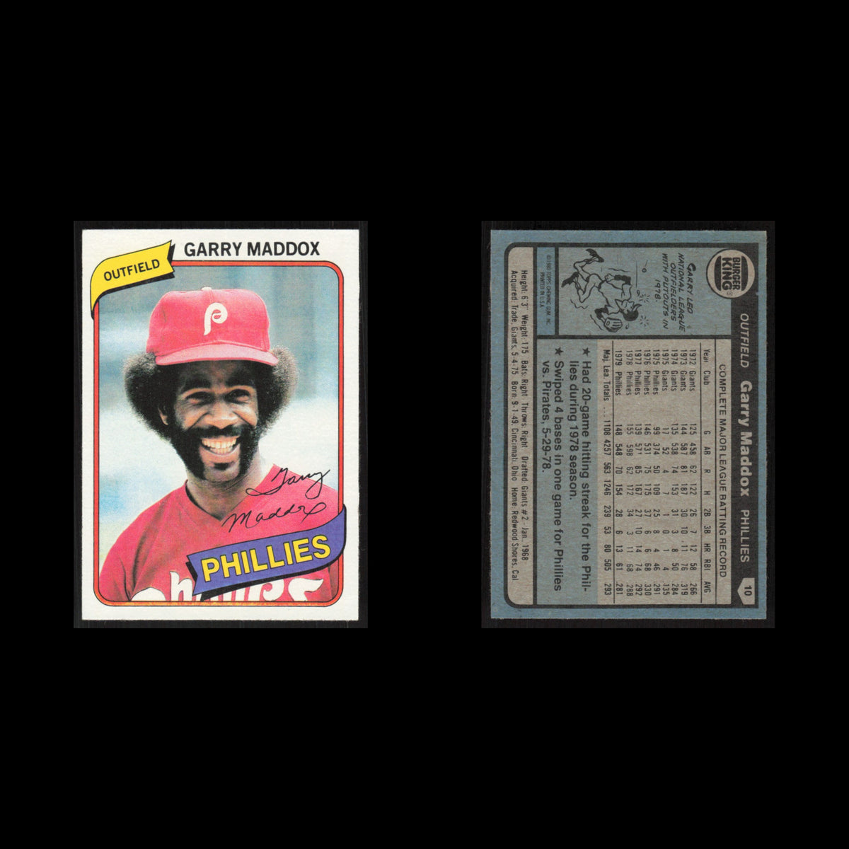 Garry Maddox #10 1980 Topps Burger King Philadelphia Phillies Phillies Baseball