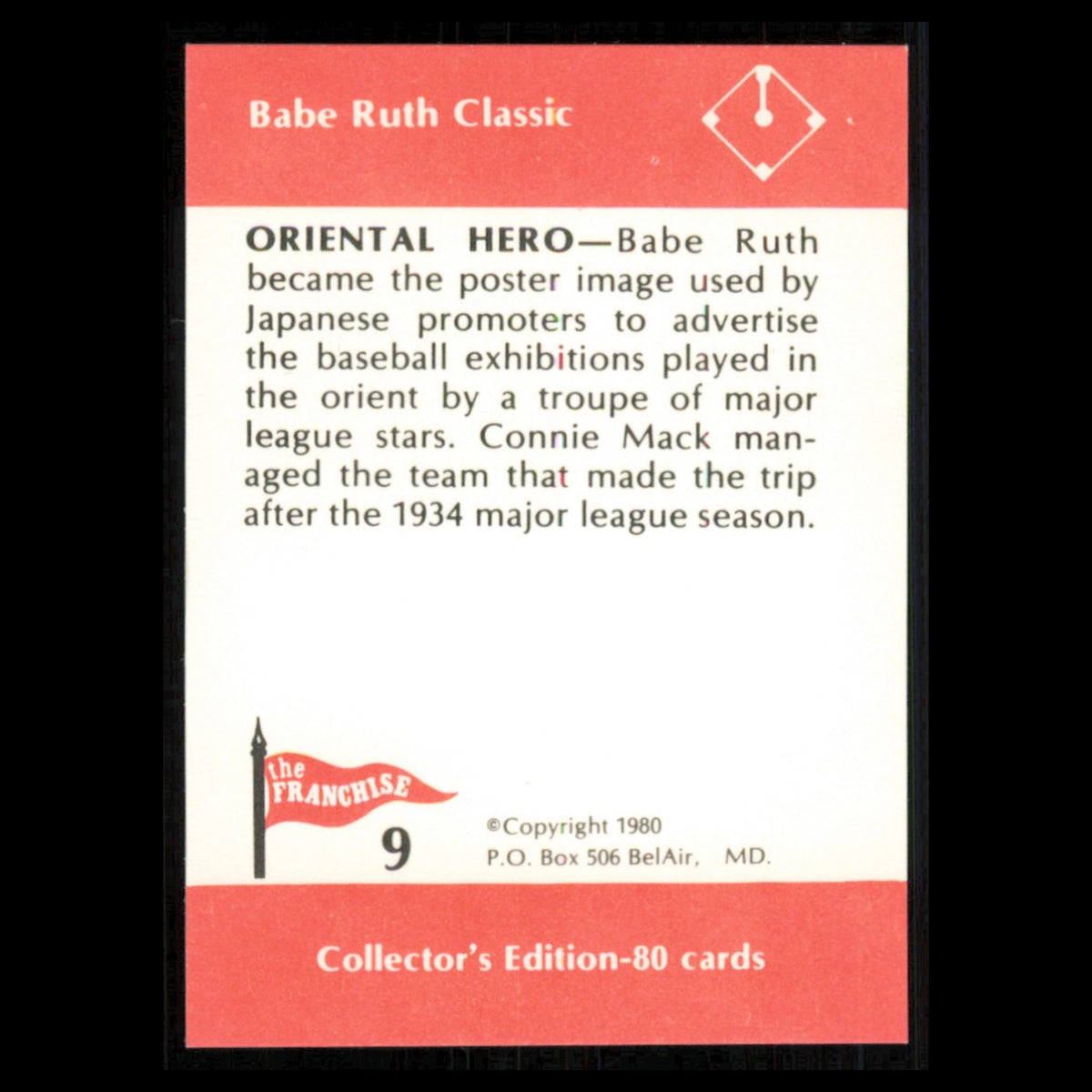 Babe Ruth #9 1980 The Franchise Babe Ruth Classic New York Yankees Baseball Card