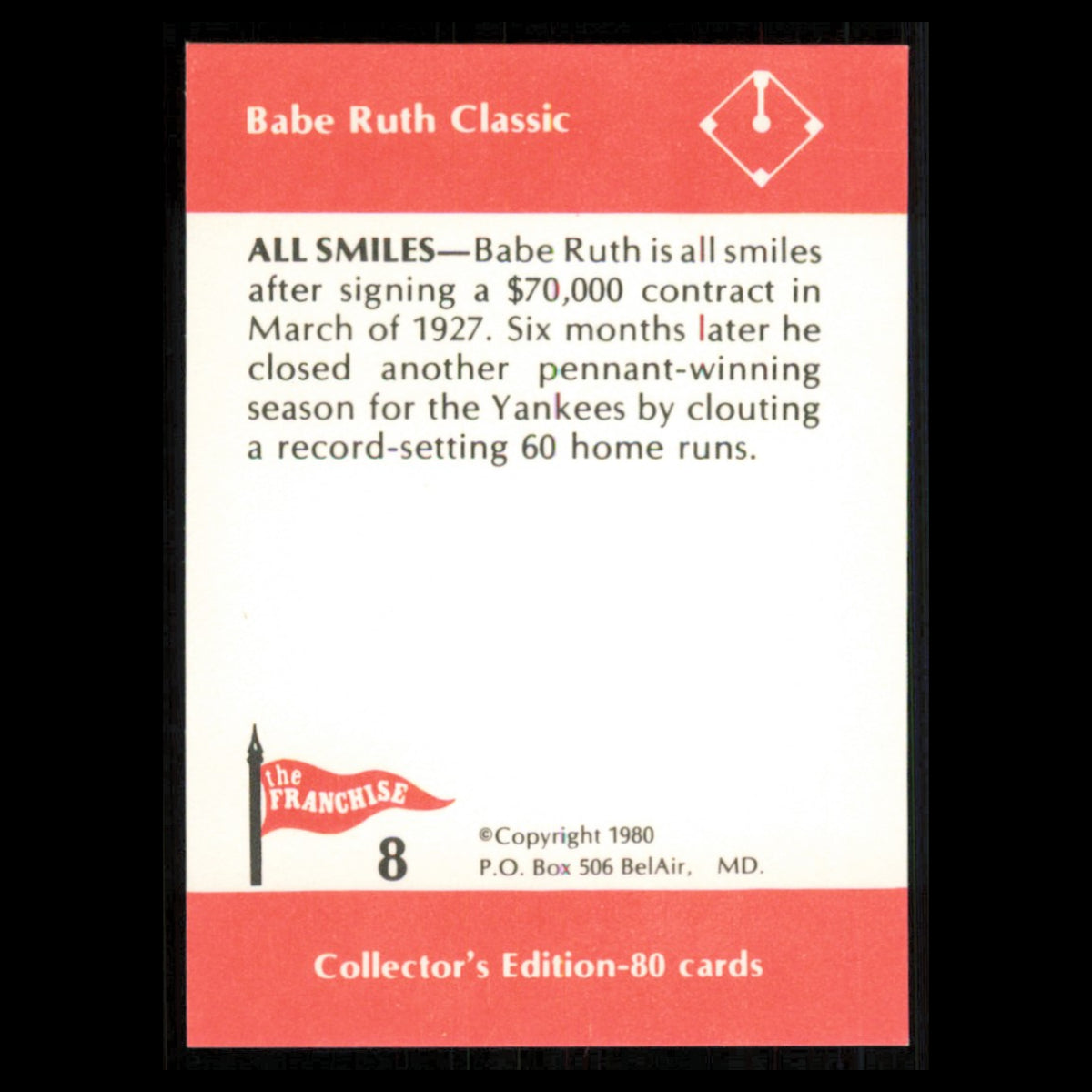 Babe Ruth #8 1980 The Franchise Babe Ruth Classic Baseball Card MLB NM