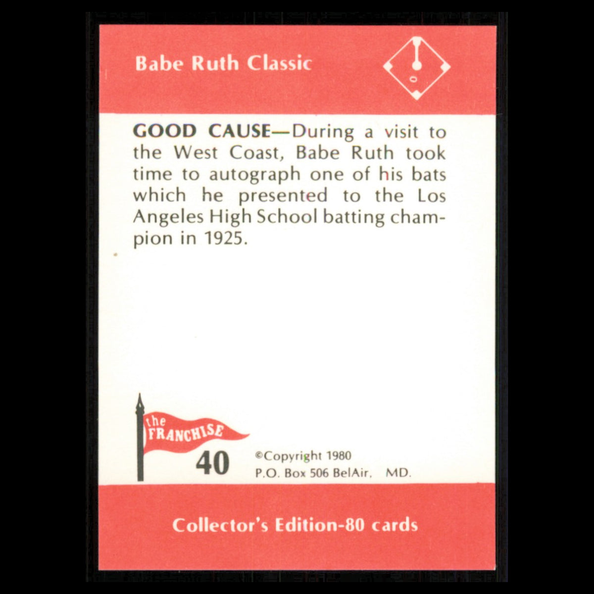 Babe Ruth #40 1980 The Franchise Babe Ruth Classic Baseball Card MLB NM