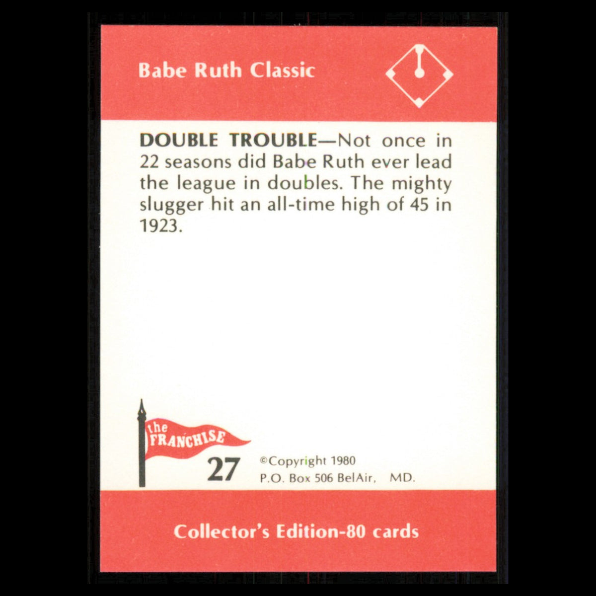 Babe Ruth #27 1980 The Franchise Babe Ruth Classic New York Yankees Baseball MLB