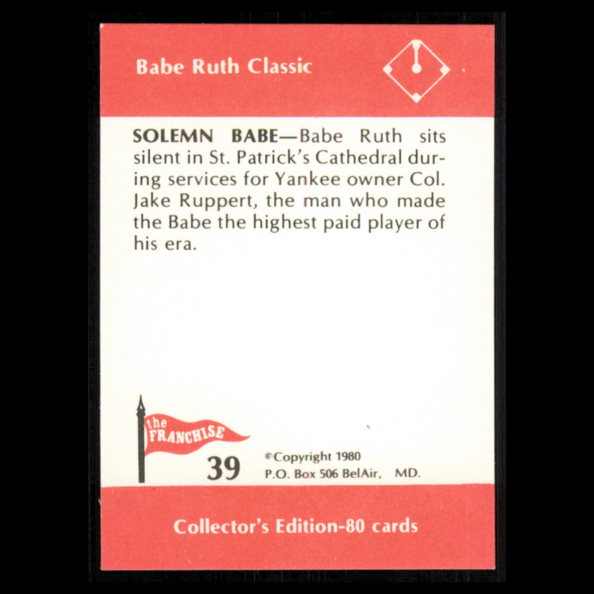 Babe Ruth #39 1980 The Franchise Babe Ruth Classic Baseball Card MLB NM