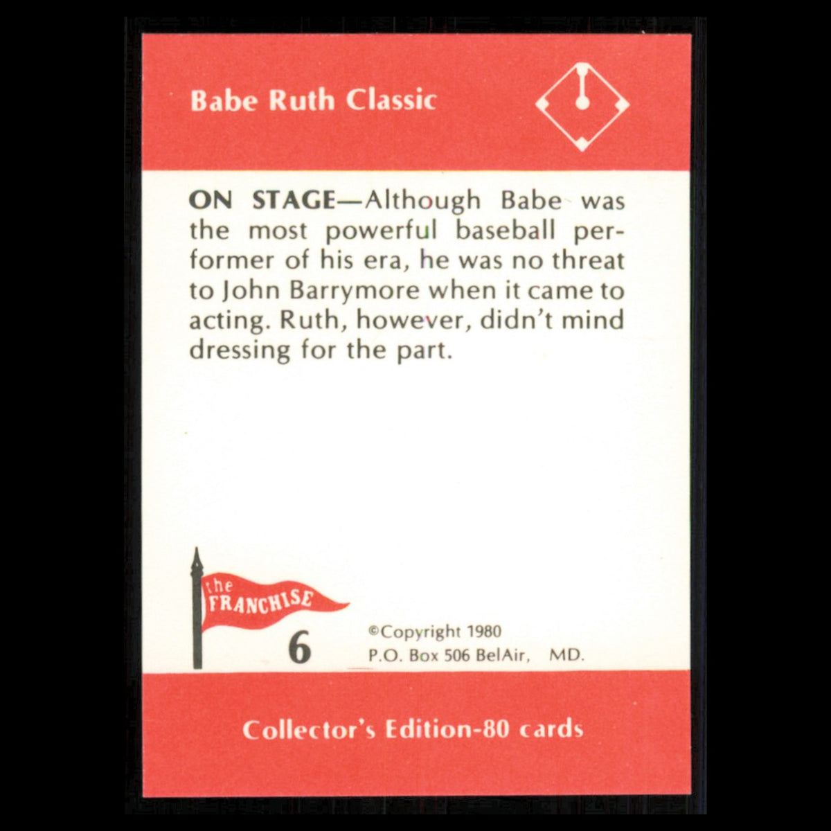Babe Ruth #6 1980 The Franchise Babe Ruth Classic Baseball Card MLB NM